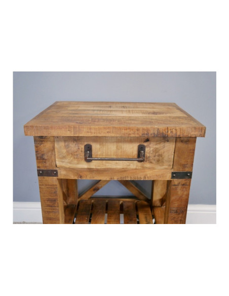 Table de chevet style Indus en bois massif sur roues