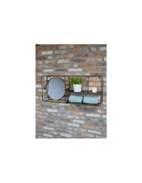 Etagère murale avec miroir intégré en métal vieux or