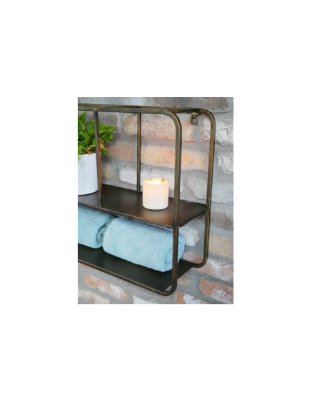 Etagère murale avec miroir intégré en métal vieux or