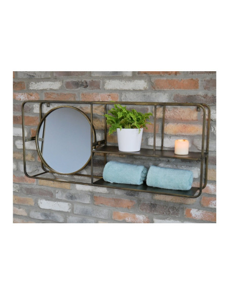 Etagère murale avec miroir intégré en métal vieux or