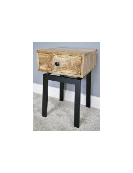 Table de chevet en bois massif 1 tiroir et pieds métal