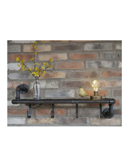 Etagère murale en bois et métal 4 patères indus