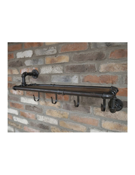 Etagère murale en bois et métal 4 patères indus