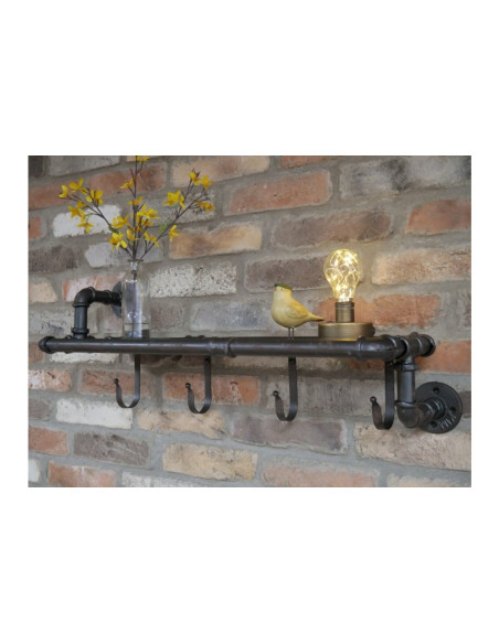 Etagère murale en bois et métal 4 patères indus