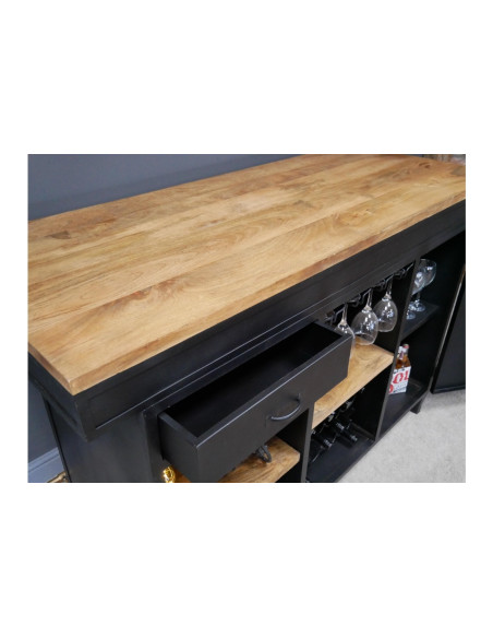Bar comptoir avec plateau bois massif et métal 162 cm