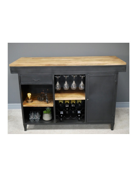 Bar comptoir avec plateau bois massif et métal 162 cm