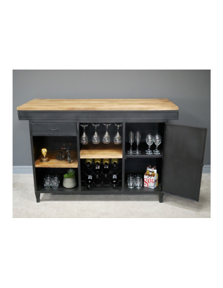 Bar comptoir avec plateau bois massif et métal 162 cm