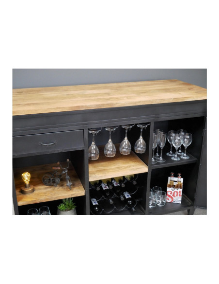 Bar comptoir avec plateau bois massif et métal 162 cm