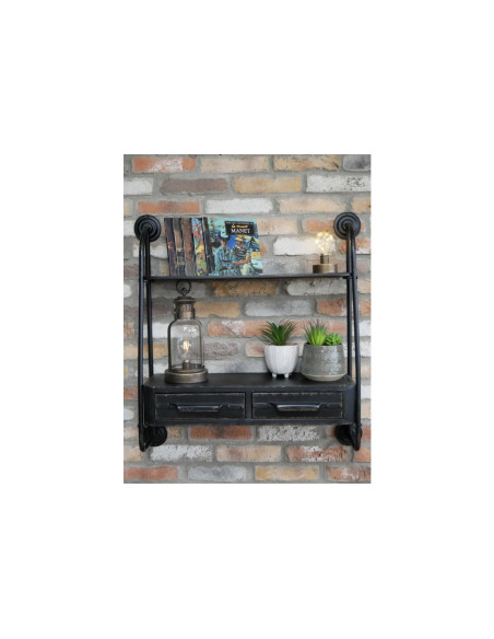 Etagère murale en métal noir vieilli avec 2 tiroirs