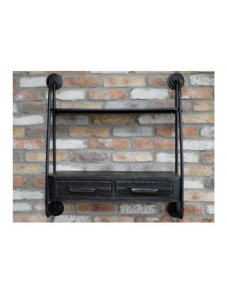 Etagère murale en métal noir vieilli avec 2 tiroirs