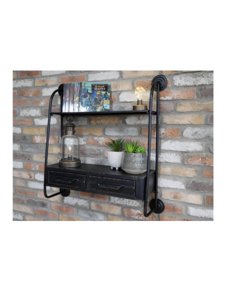 Etagère murale en métal noir vieilli avec 2 tiroirs