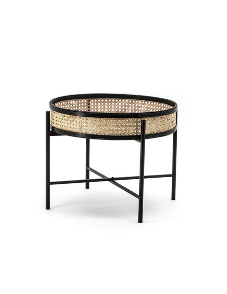 Table basse ronde en rotin et métal noir