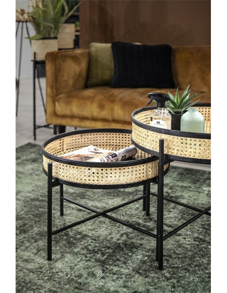 Table basse ronde en rotin et métal noir