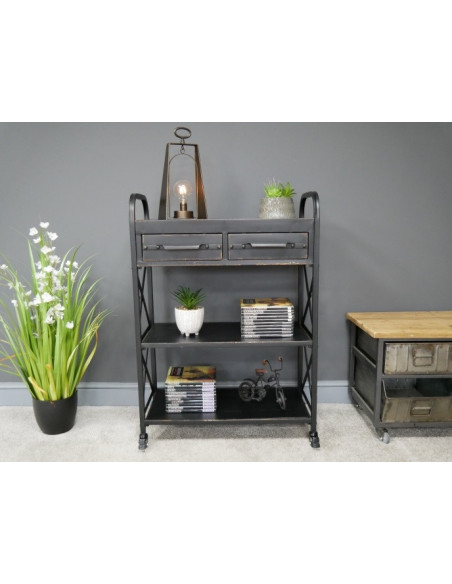 Desserte métallique avec deux tiroirs à roulettes
