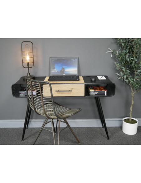 Bureau indus en métal et bois de pin avec tiroir