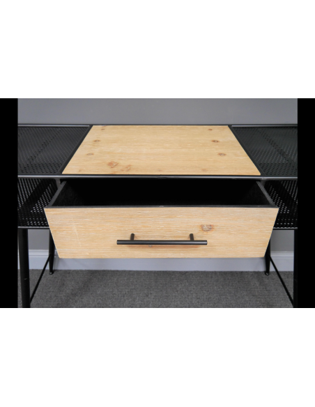 Bureau indus en métal et bois de pin avec tiroir