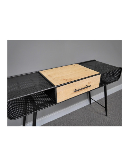 Bureau indus en métal et bois de pin avec tiroir