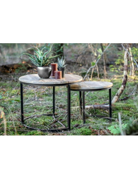 Lot de 2 tables gigognes ronde en métal et bois