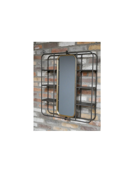 Miroir avec 6 étagères en métal gris et or