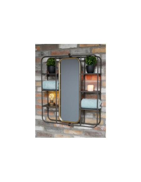 Miroir avec 6 étagères en métal gris et or