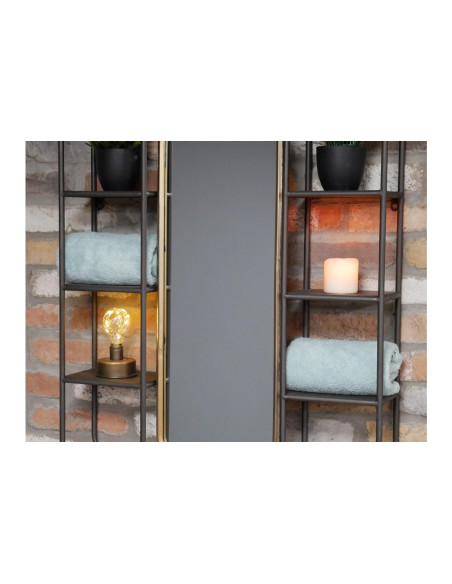 Miroir avec 6 étagères en métal gris et or