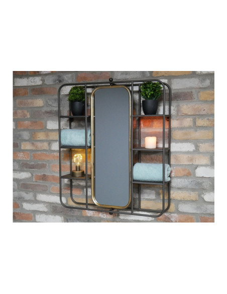 Miroir avec 6 étagères en métal gris et or