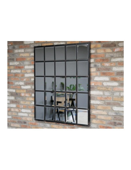 Grand miroir fenêtre en métal avec carreaux biseautés