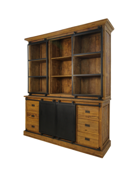 Grand vaisselier industriel avec portes coulissantes en teck et métal Blackburn