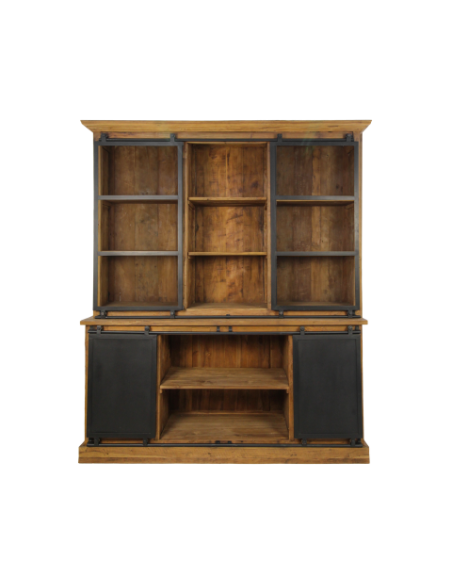 Grand vaisselier industriel avec portes coulissantes en teck et métal Blackburn