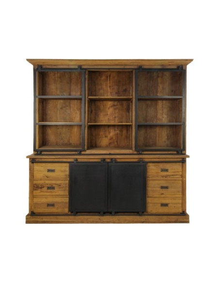 Grand vaisselier industriel avec portes coulissantes en teck et métal Blackburn