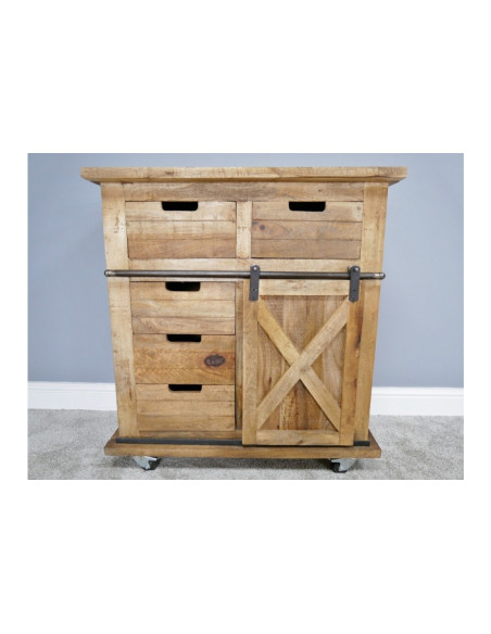 Petit buffet industriel sur roulettes avec porte coulissante et tiroirs