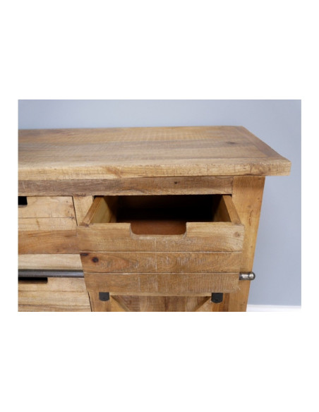 Petit buffet industriel sur roulettes avec porte coulissante et tiroirs