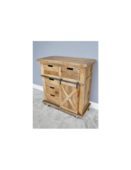 Petit buffet industriel sur roulettes avec porte coulissante et tiroirs