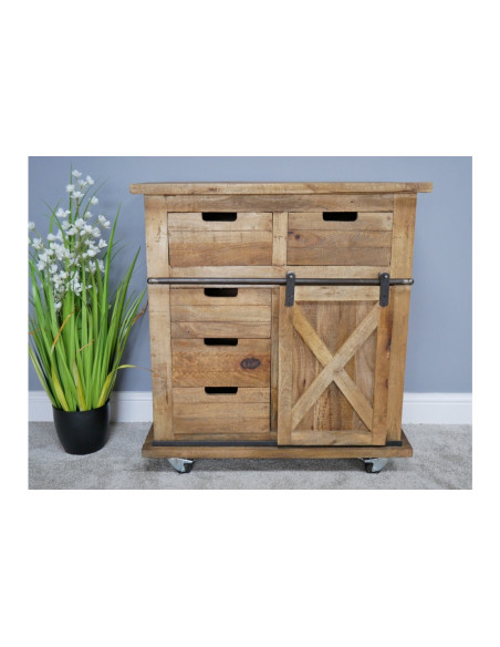 Petit buffet industriel sur roulettes avec porte coulissante et tiroirs