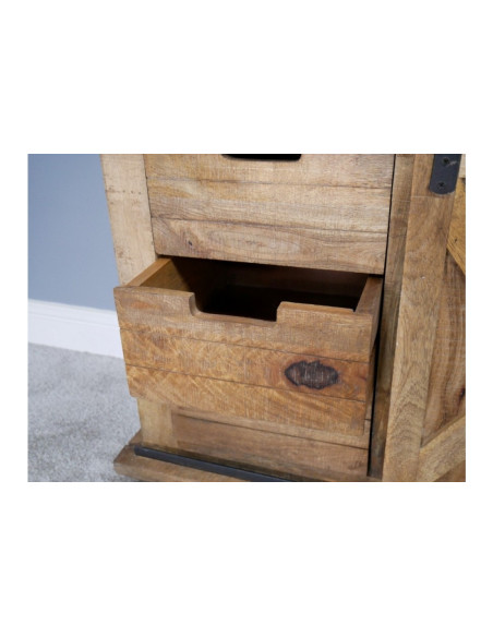 Petit buffet industriel sur roulettes avec porte coulissante et tiroirs