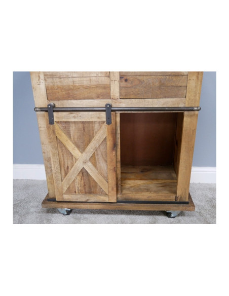Petit buffet industriel sur roulettes avec porte coulissante et tiroirs