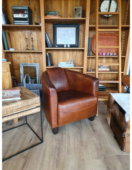 Fauteuil club en cuir brun vieilli Georgio