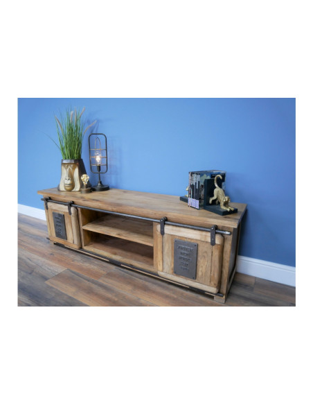 Meuble TV en bois massif portes coulissantes 160 cm