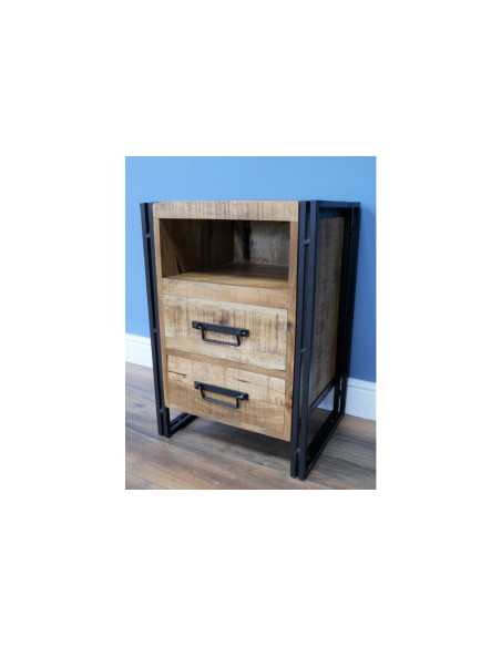 Table de chevet 2 tiroirs en bois massif et métal