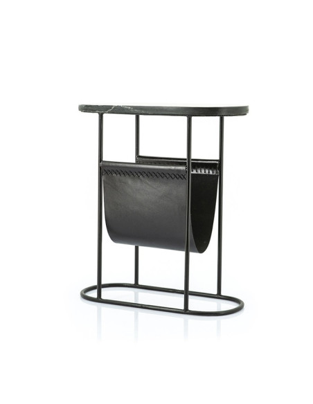 Table d'appoint en marbre avec porte-revues en cuir