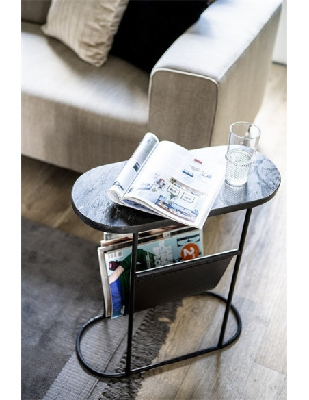 Table d'appoint en marbre avec porte-revues en cuir