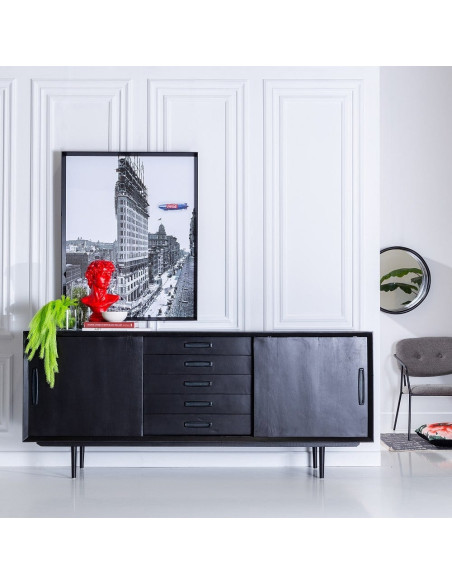 Grand buffet en bois massif de manguier noir avec 5 tiroirs