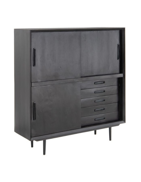 Meuble de rangement noir avec portes coulissantes et tiroirs