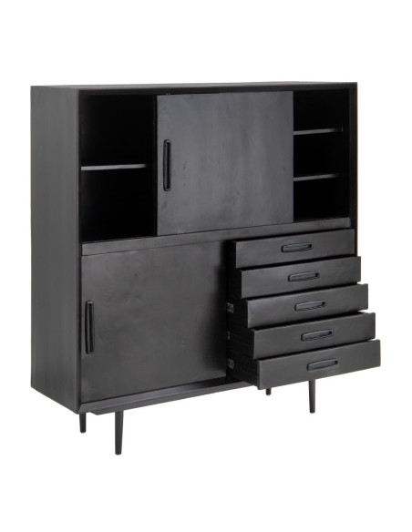 Meuble de rangement noir avec portes coulissantes et tiroirs