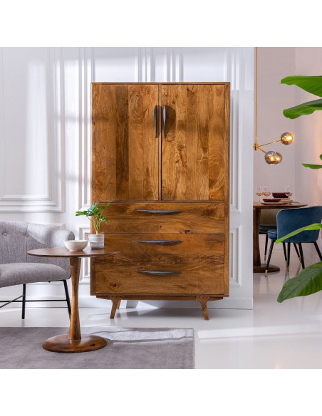 Armoire haute en bois massif 2 portes et 3 tiroirs