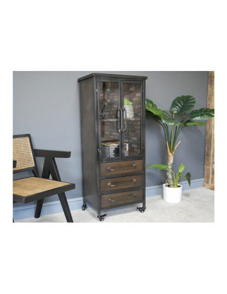 Vitrine métallique sur roulettes avec 3 tiroirs