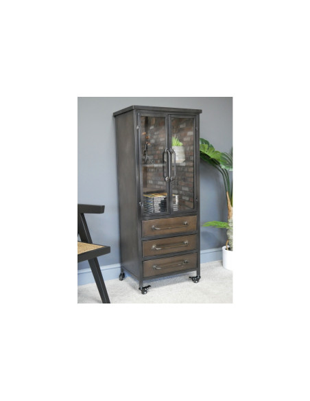 Vitrine métallique sur roulettes avec 3 tiroirs