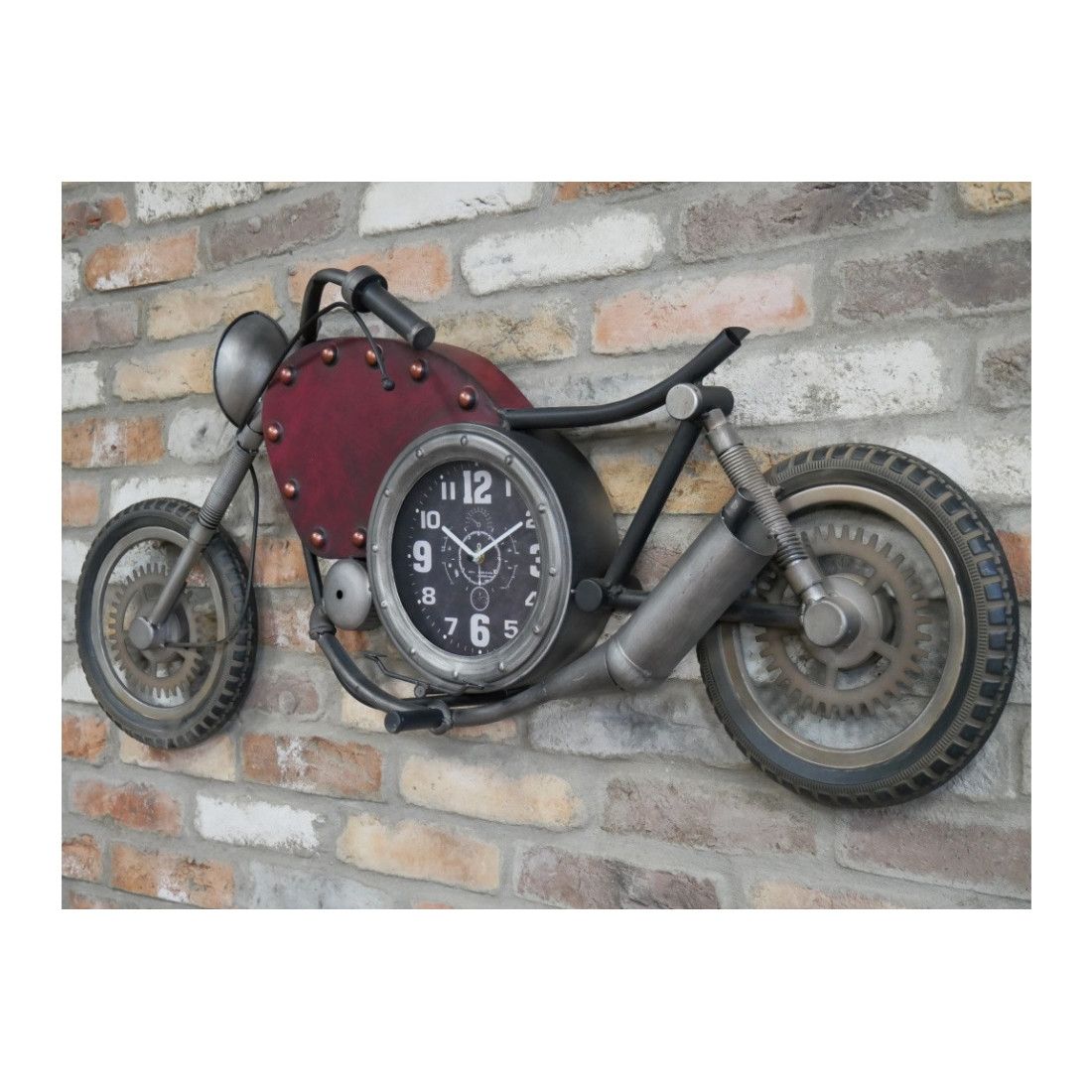 Grande déco murale moto ancienne en relief avec horloge 120 cm