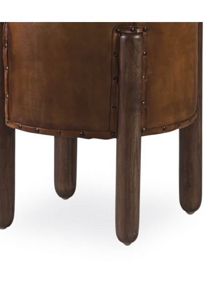 Tabouret rond en teck et cuir