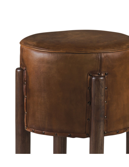 Tabouret rond en teck et cuir
